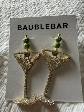 BaubleBar Gold Crystal Martini Glass Earrings with Green Olive Accents